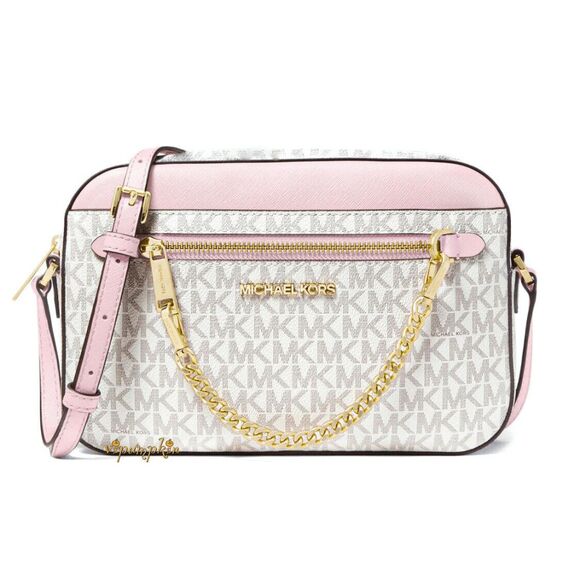 Michael Kors Handbags - Michael Kors Pink White Logo Jet Set East West Zip Chain Crossbody Bag